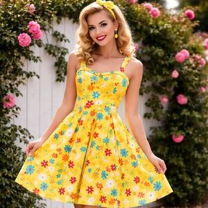 Bettie Page Tatyana Yellow Floral Dress Rockabilly Pinup Retro 50s Sz L Cotton